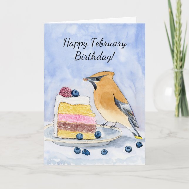 Cartão  Happy February Birthday Cedar Waxwing Cake (Frente)