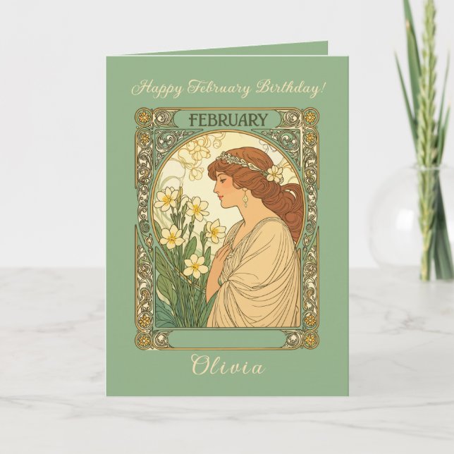 Cartão Happy February Birthday Primrose Flowers Art Nouve (Frente)