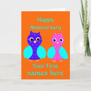 Cartão Happy First Anniversary Cute Owl Couple Customize