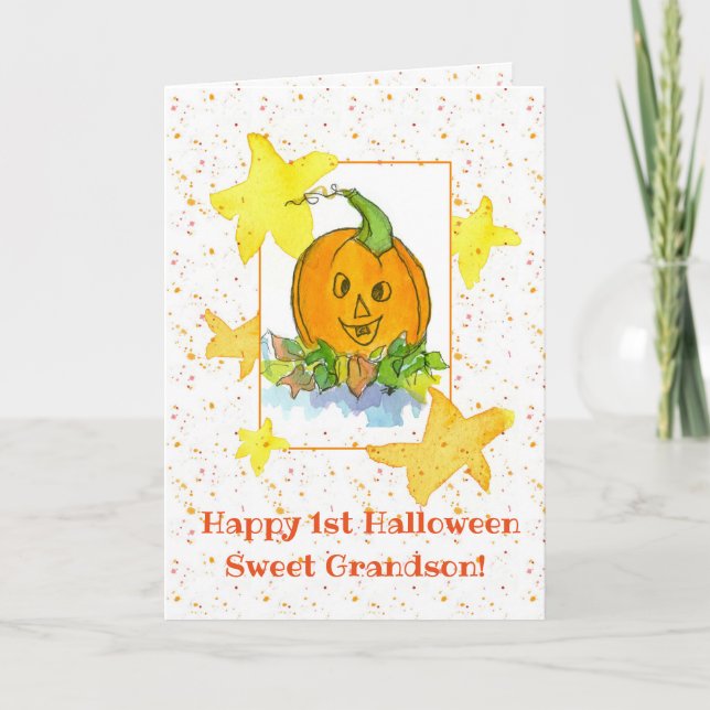 Cartão Happy First Halloween Grandson Pumpkin (Frente)
