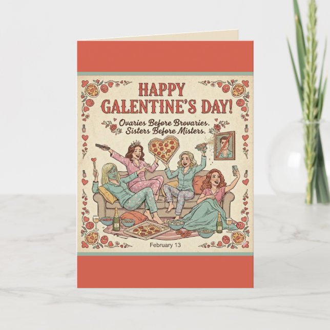 Cartão Happy Galentine's Day Greeting, Four Girlfriends (Frente)