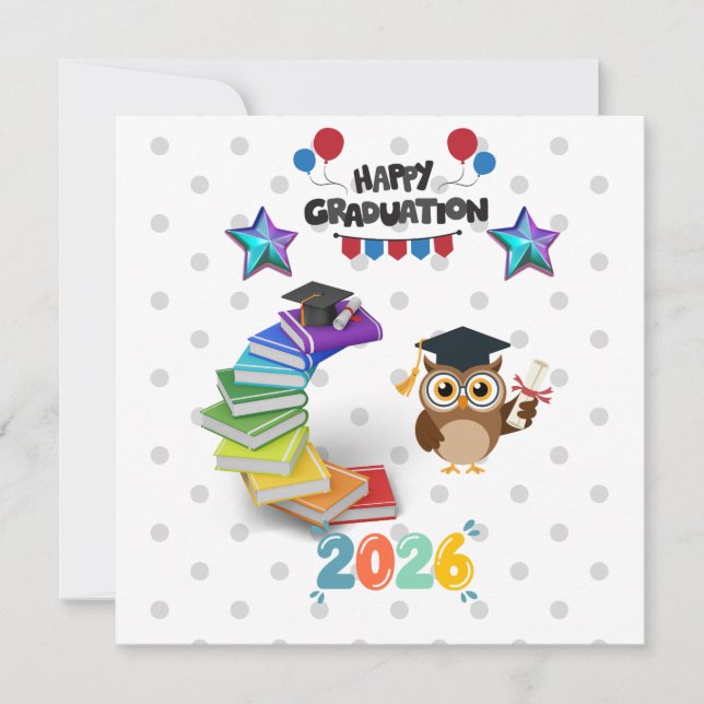 Cartão Happy Graduation 2026 - Cute Owl & Books  (Frente)