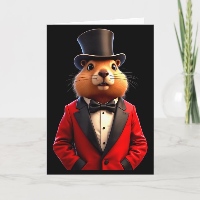 Cartão Happy Groundhog Day 2025 Groundhog Gentleman Hat _ (Frente)