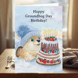 Cartão Happy Groundhog Day Birthday Groundhog with Cake