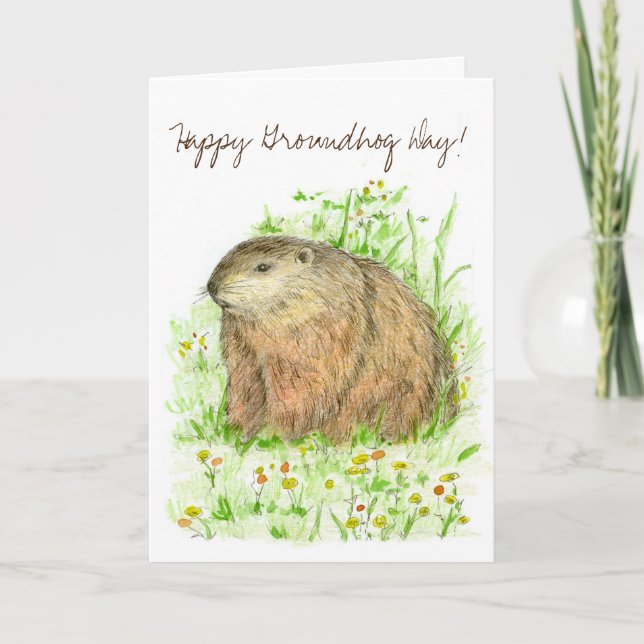 Cartão Happy Groundhog Day Woodchuck Drawing (Frente)