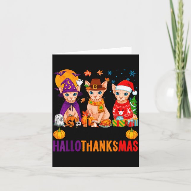 Cartão Happy Hallothanksmas Sphynx Cats Halloween Thanksg (Frente)