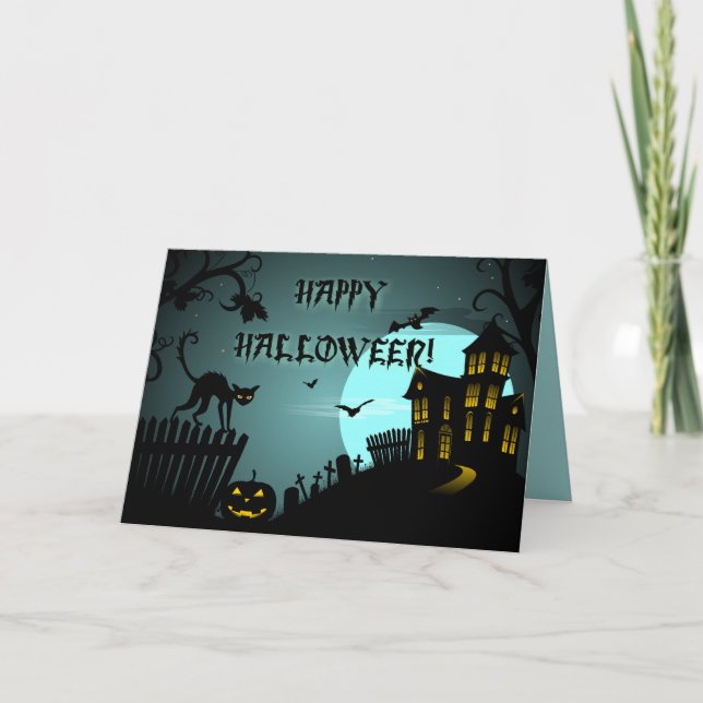 Cartão Happy Halloween Black Cat Haunted House Blue (Frente)