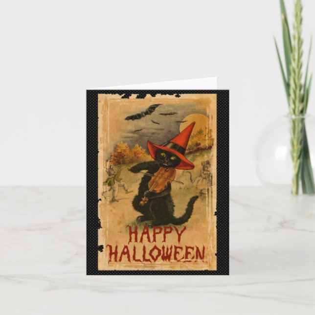 Cartão Happy Halloween Black Cat Playing Fiddle Bats (Frente)