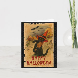 Cartão Happy Halloween Black Cat Playing Fiddle Bats
