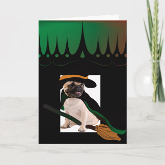Cartão happy halloween flying broom witch pug