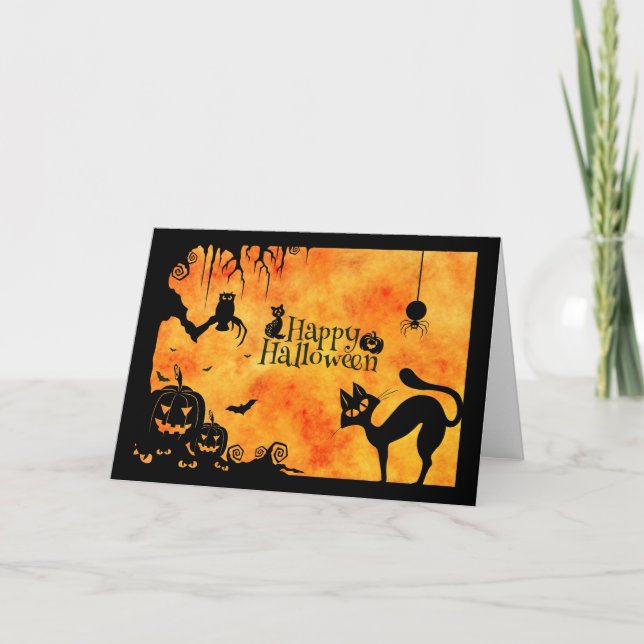 Cartão Happy Halloween Silhouette Black Cat and Friends (Frente)