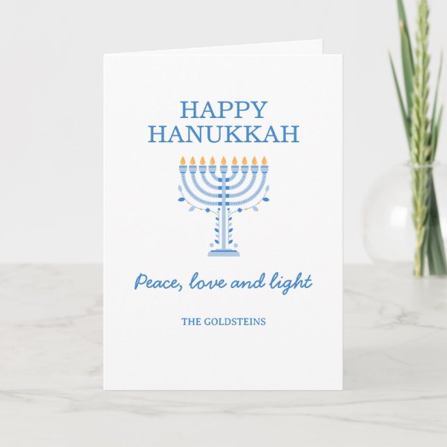 Cartão Happy Hanukkah Blue and White Menorah (Frente)