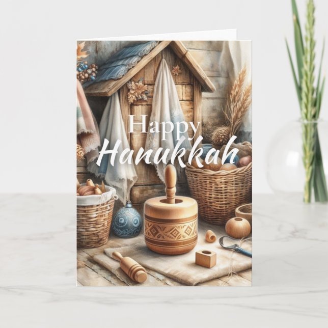 Cartão Happy Hanukkah Greeting Card - Dreidel Watercolor  (Frente)