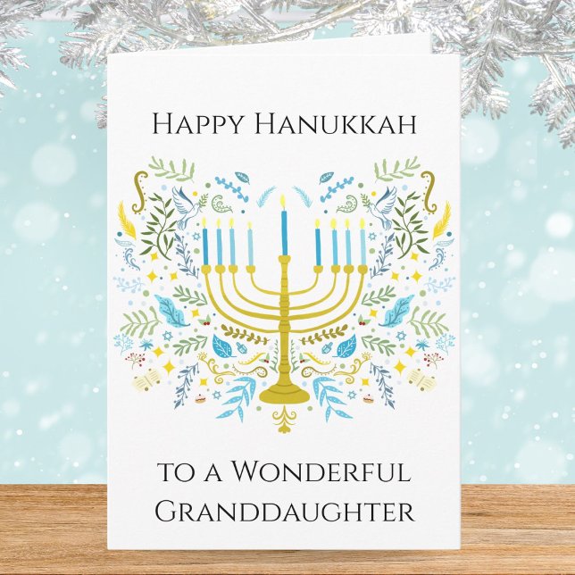 Cartão Happy Hanukkah Menorah with Flowers Granddaughter  (Criador carregado)