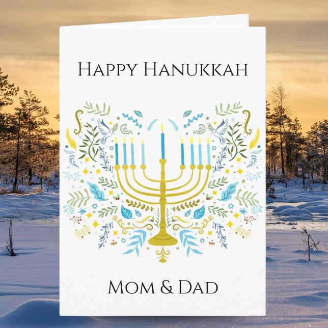 Cartão Happy Hanukkah Menorah with Flowers Mom & Dad (Criador carregado)