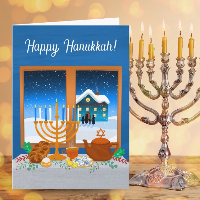Cartão Happy Hanukkah Window Scene Cozy Winter  (Criador carregado)