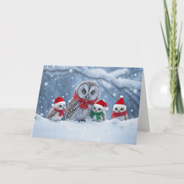 Cartão Happy Holidays Christmas with Cute Owl Family Hats (Frente)