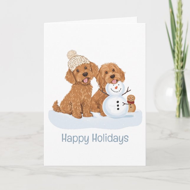 Cartão Happy Holidays Winter Goldendoodle Dog Snowman (Frente)