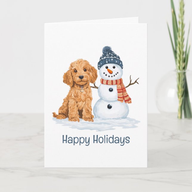 Cartão Happy Holidays Winter Goldendoodle Dog Snowman (Frente)