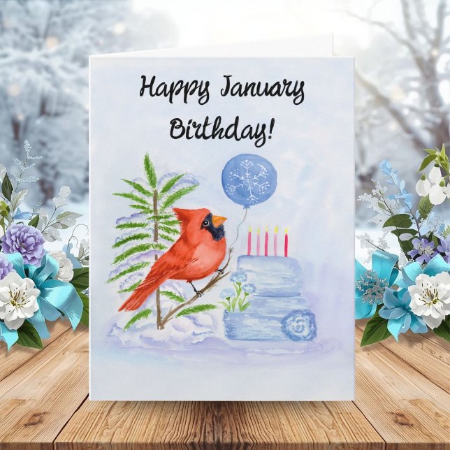 Cartão Happy January Birthday Cardinal with Birthday Cake (Criador carregado)