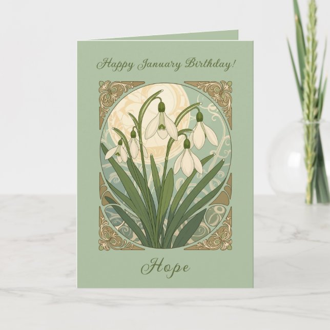 Cartão Happy January Birthday Galanthus Flowers Art Nouve (Frente)