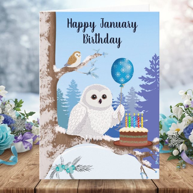 Cartão Happy January Birthday Snowy Owl with Cake (Criador carregado)