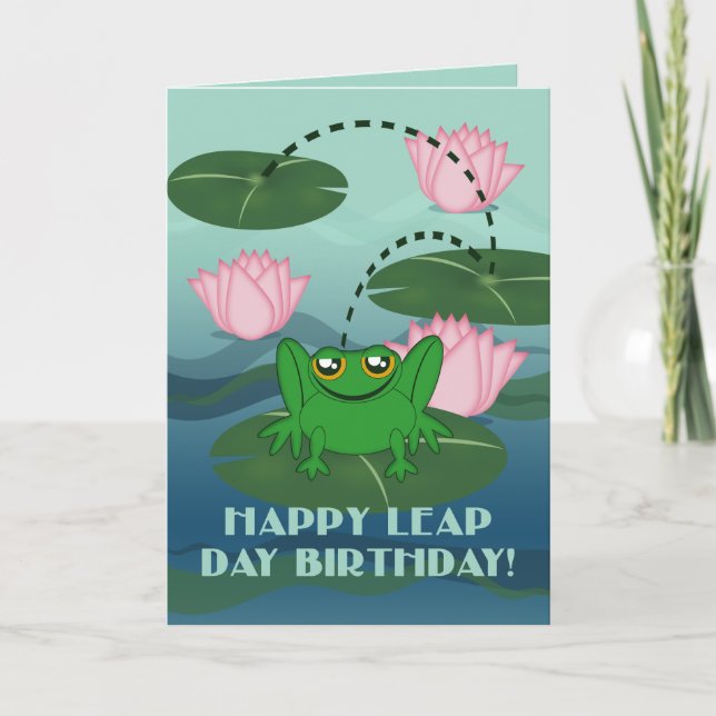 Cartão Happy Leap Day Birthday! Leaping Frog on Lily Pad (Frente)