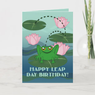 Cartão Happy Leap Day Birthday! Leaping Frog on Lily Pad
