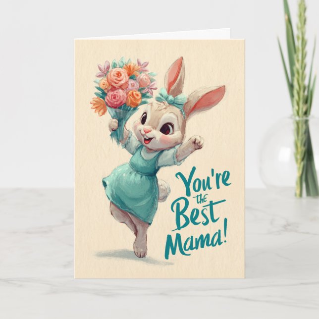 Cartão Happy Little Bunny With Flowers for Mother's Day (Frente)