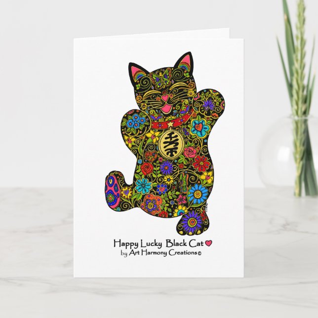 Cartão Happy Lucky Black Cat Greeting Card (Frente)