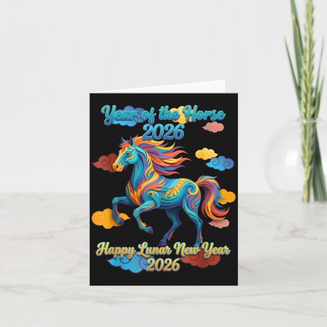 Cartão Happy Lunar New Year Colorful Horse  (Frente)