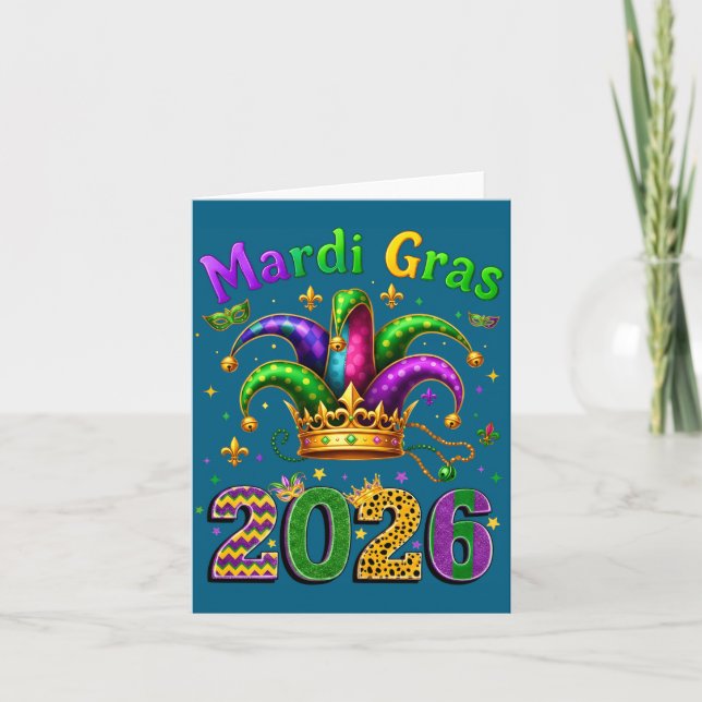 Cartão Happy Mardi Gras 2026 Jester Hat Men Women Kid Car (Frente)
