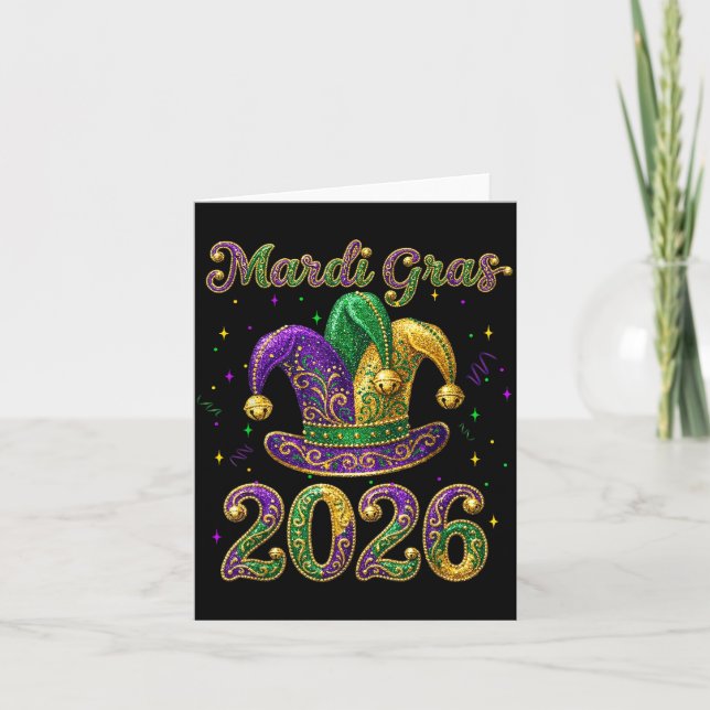 Cartão Happy Mardi Gras 2026 Jester Hat New Orleans Men W (Frente)