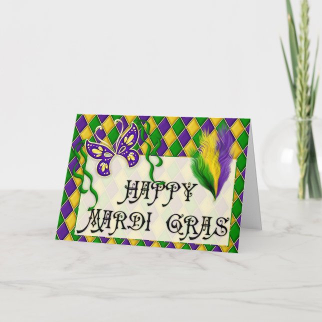 Cartão Happy Mardi Gras Mask & Feathers Greeting Card d1 (Frente)