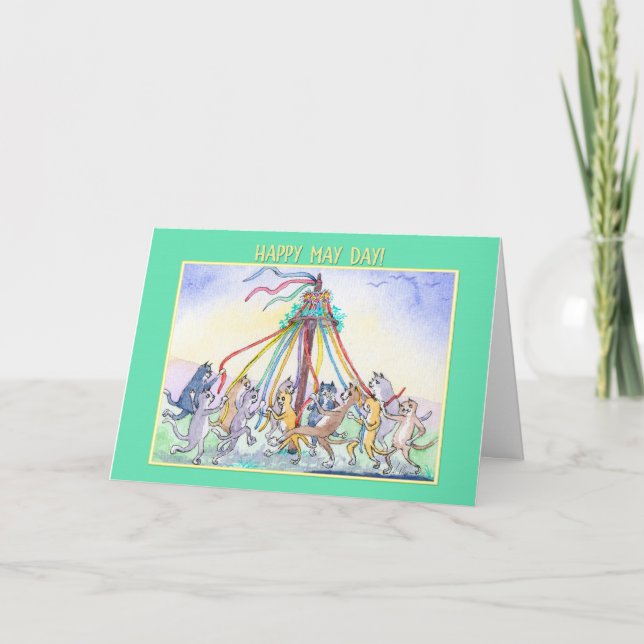 Cartão Happy May Day, cats maypole dancing, greeting card (Frente)
