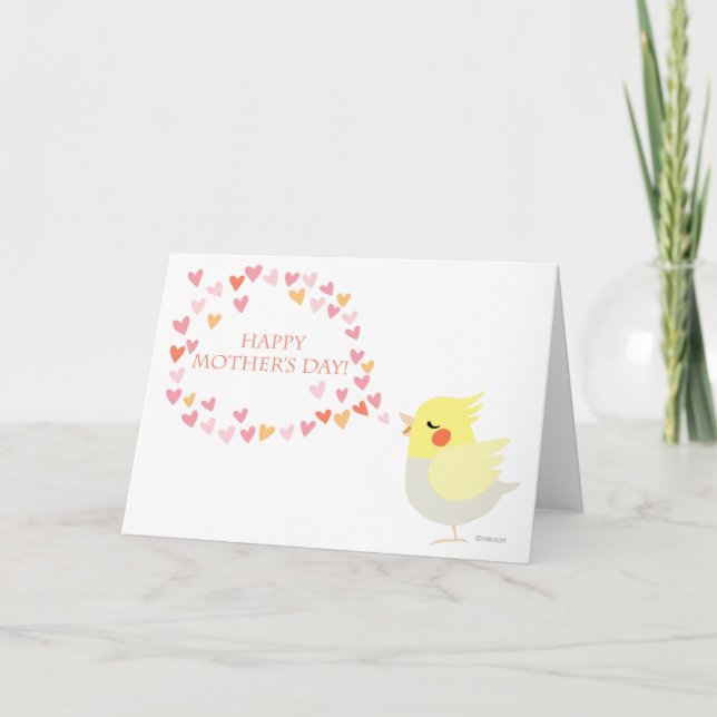 Cartão Happy Mother's Day Cute Cockatiel with Hearts Fun (Frente)