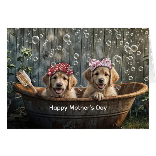 Cartão Happy Mothers Day Cute Golden Retriever Puppy  (Frente Horizontal)