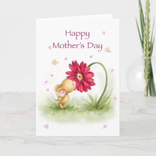 Cartão Happy mother's Day, cute mouse kissing flower (Frente)