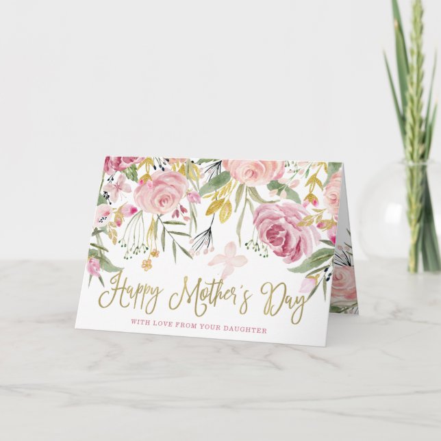 Cartão Happy Mother's Day | Gold and Blush Pink Flowers (Frente)