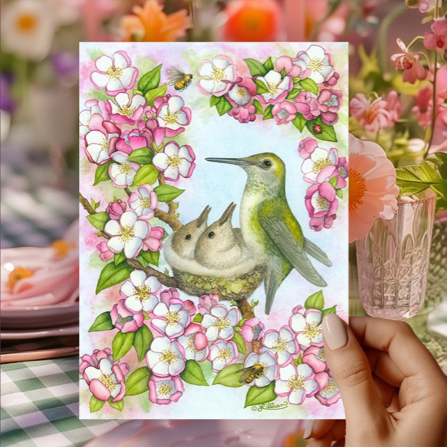 Cartão Happy Mothers Day Hummingbird Pink Blossoms (Happy Mother's Day Hummingbird at the nest with cherry blossoms, honey bees, and ladybug. )