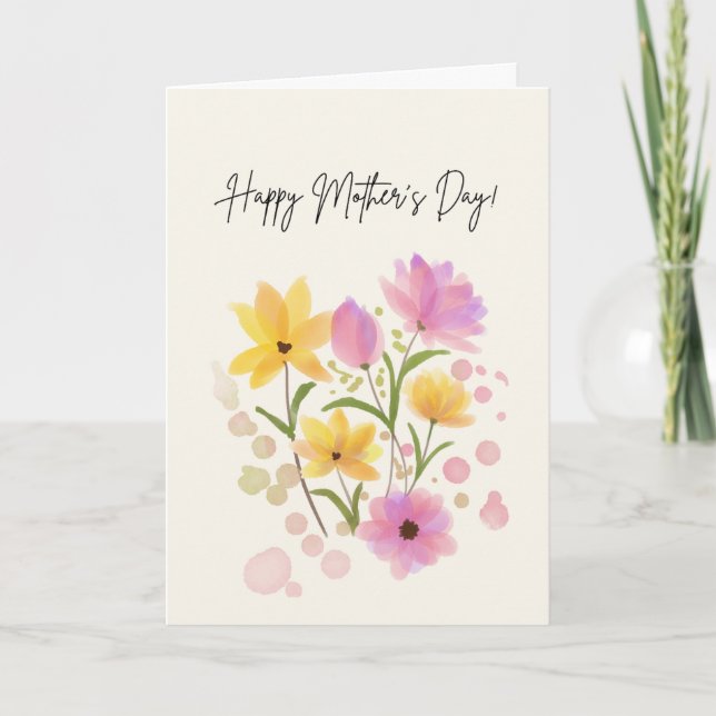Cartão Happy Mother's Day with pink & Yellow Flowers (Frente)