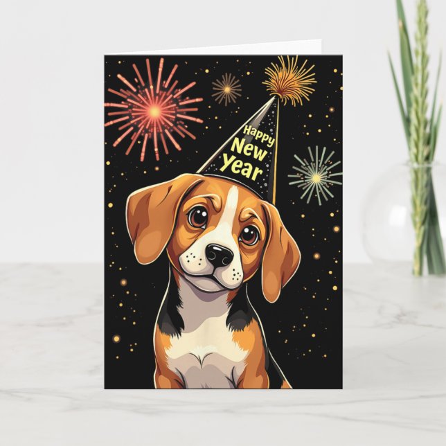 Cartão Happy New Year 2025 Eve Firework Dog Funny Beagle  (Frente)