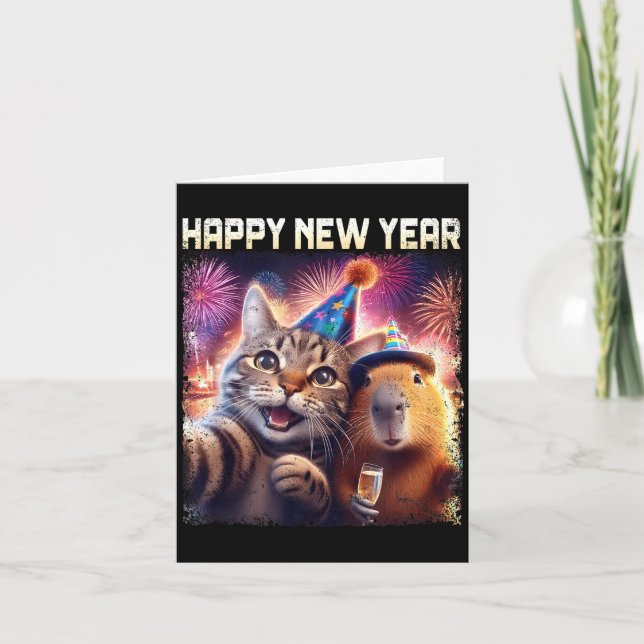 Cartão Happy New Year 2026 Cute Cat Capybara Party Art  (Frente)