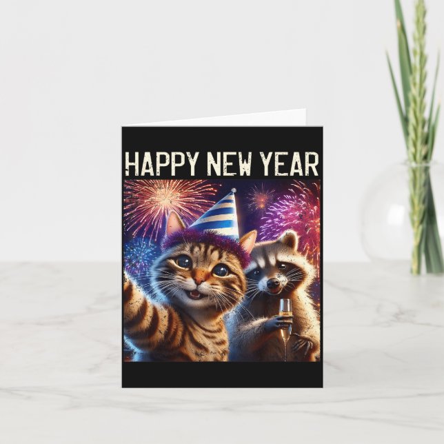 Cartão Happy New Year 2026 Cute Cat Raccoon Celebration  (Frente)