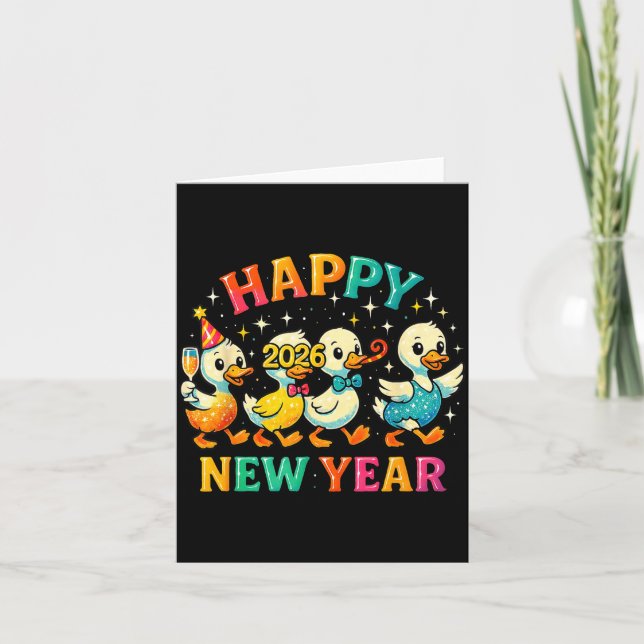 Cartão Happy New Year 2026 Cute Duck Party Gift  (Frente)