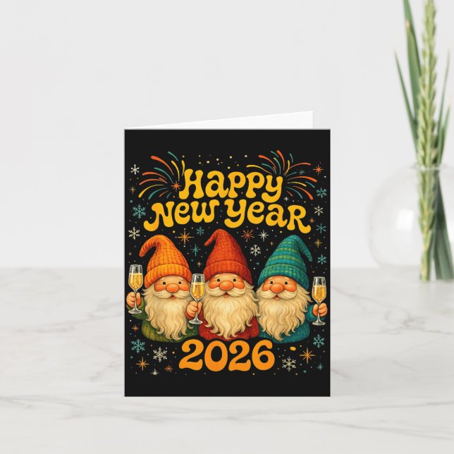 Cartão Happy New Year 2026 Cute Gnome Party Gift  (Frente)