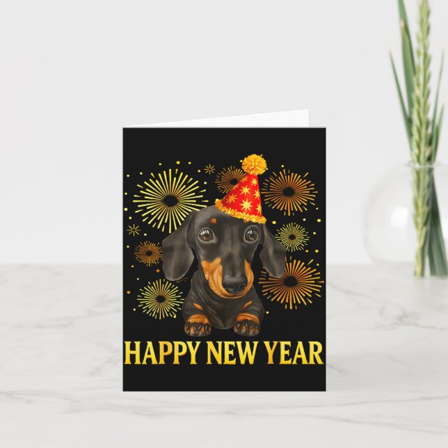 Cartão Happy New Year 2026 Dachshund Fireworks New Years  (Frente)
