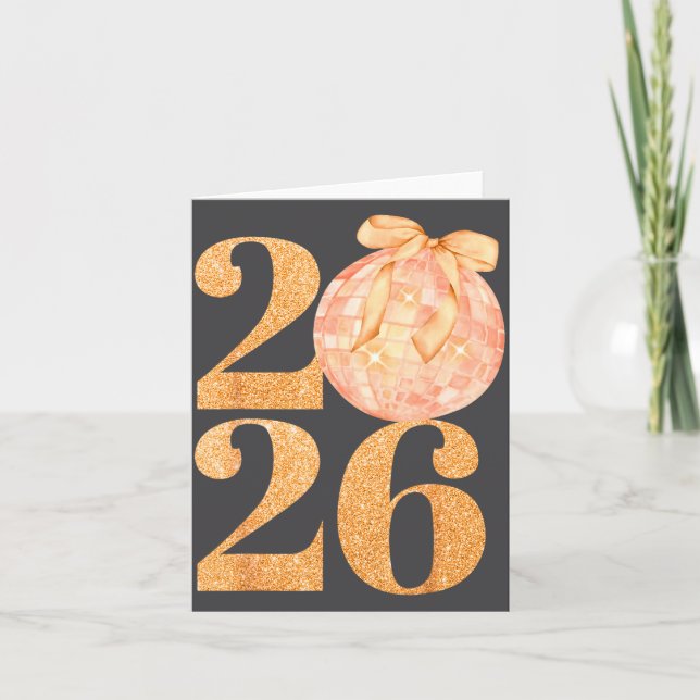 Cartão Happy New Year 2026 Disco Ball Coquette Bow New Ye (Frente)