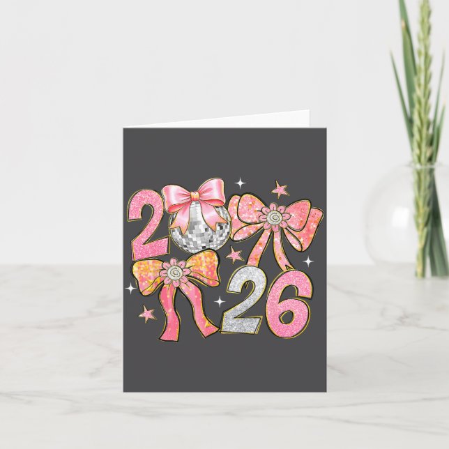 Cartão Happy New Year 2026 Disco Ball Coquette Bow New Ye (Frente)