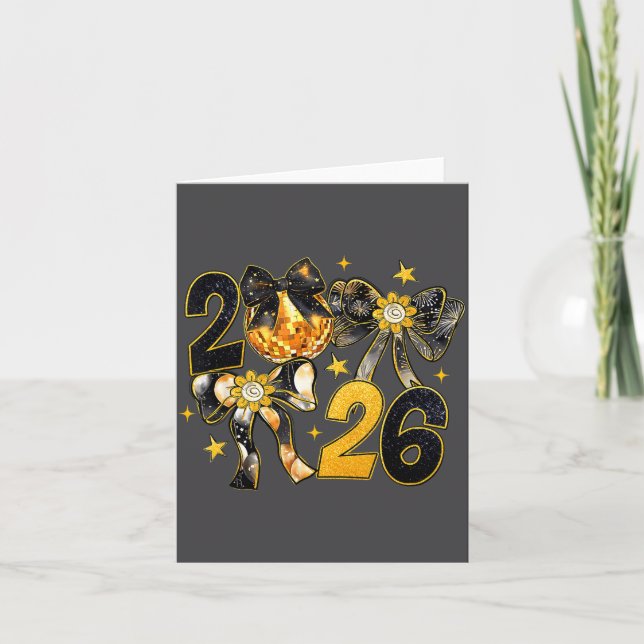 Cartão Happy New Year 2026 Disco Ball Coquette Bow New Ye (Frente)